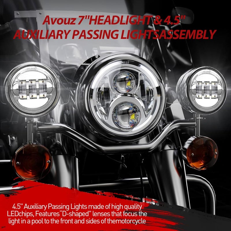 AVLUZ 7 inch Motorcycle LED Headlights 4.5" Fog Passing Lights DOT Kit For Harley Davidson Ultra Classic Road King Street Glide Heritage Softail Switchback Electra Glide CVO Tri Glide harley headlight - Image 2